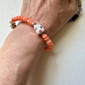 Unique Pink Coral Maneki Neko Stretch Bracelet size 6.75"